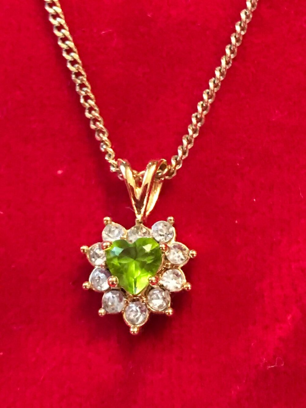 Gold Tone Peridot & Crystal Heart Set w/ Necklace Matching Earrings and Ring